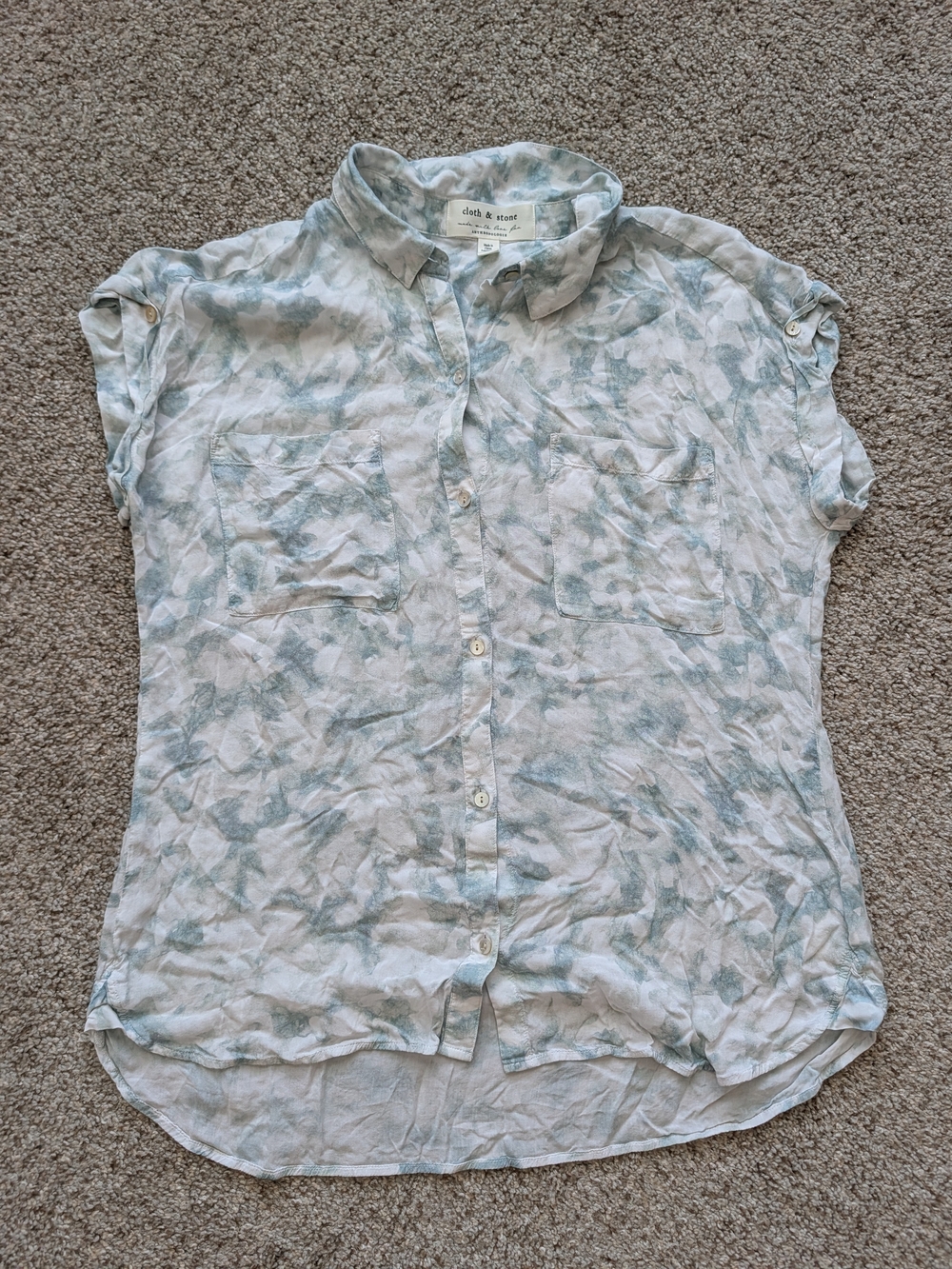 Cloth & Stone Women's Light Green White Marble Short Sleeve Button Front Top M